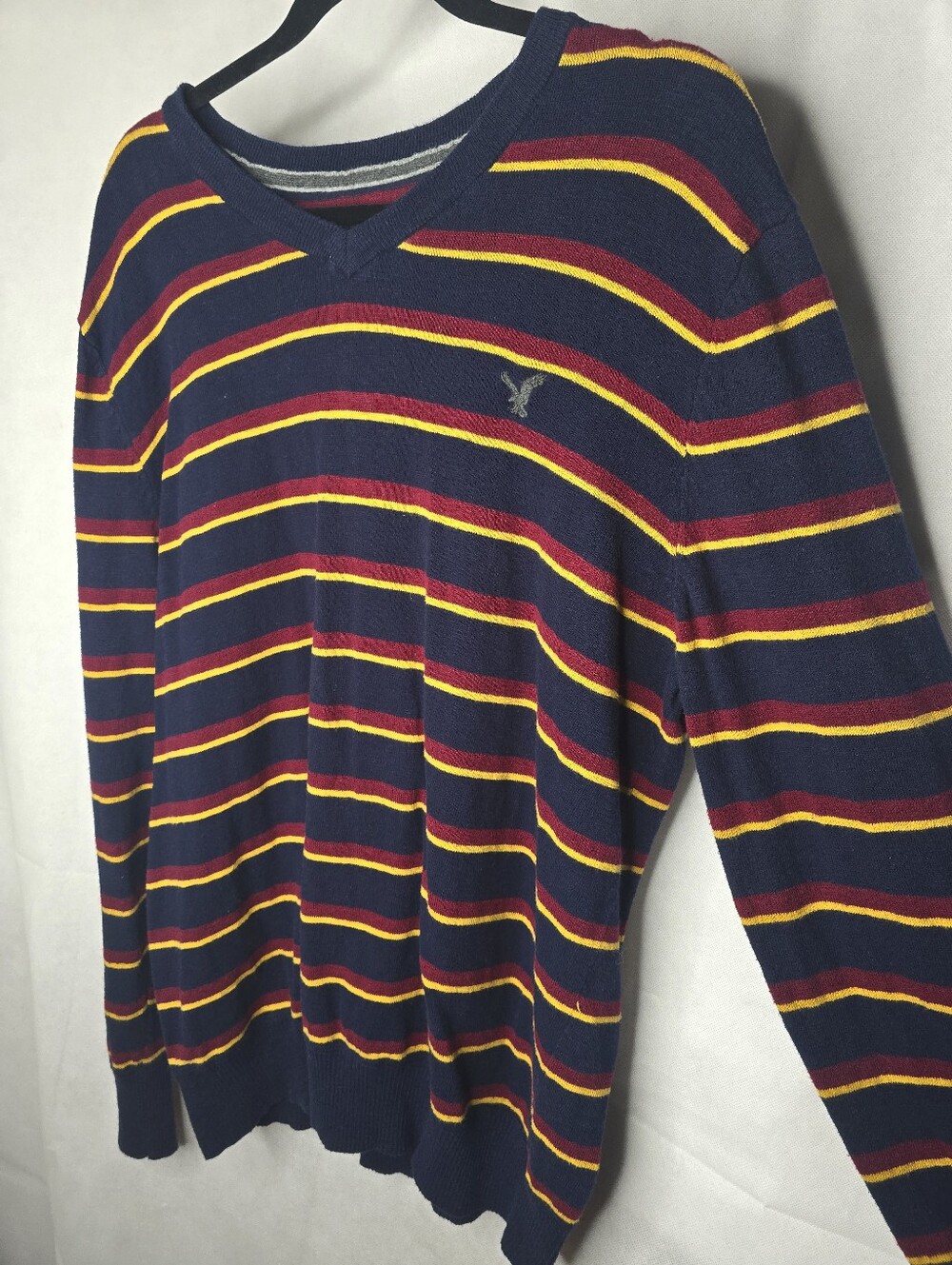 American Eagle Striped Sweater Blue Red Yellow Long Sleeve V-neck Preppy Varsity